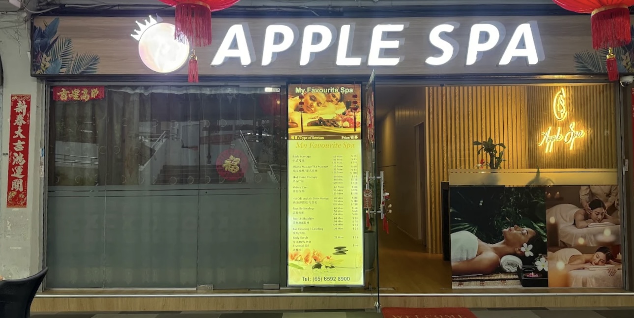 Apple Spa storefront with lit signage in Bedok Reservoir, Singapore